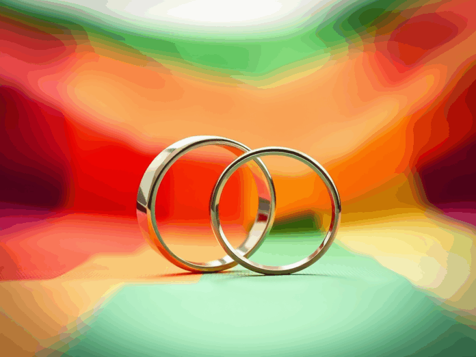 duas-aliancas-de-casamento-com-a-bandeira-lgbt-atras