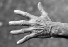 grayscale photo of left human hand