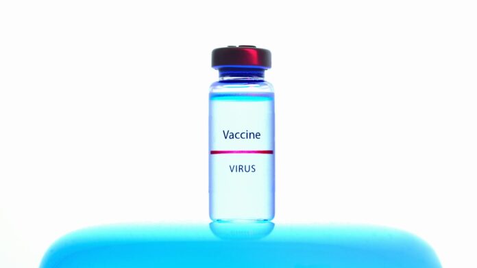 a close up view of a vaccine vial on white background