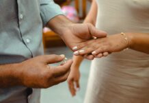 close up of hands exchanging wedding rings