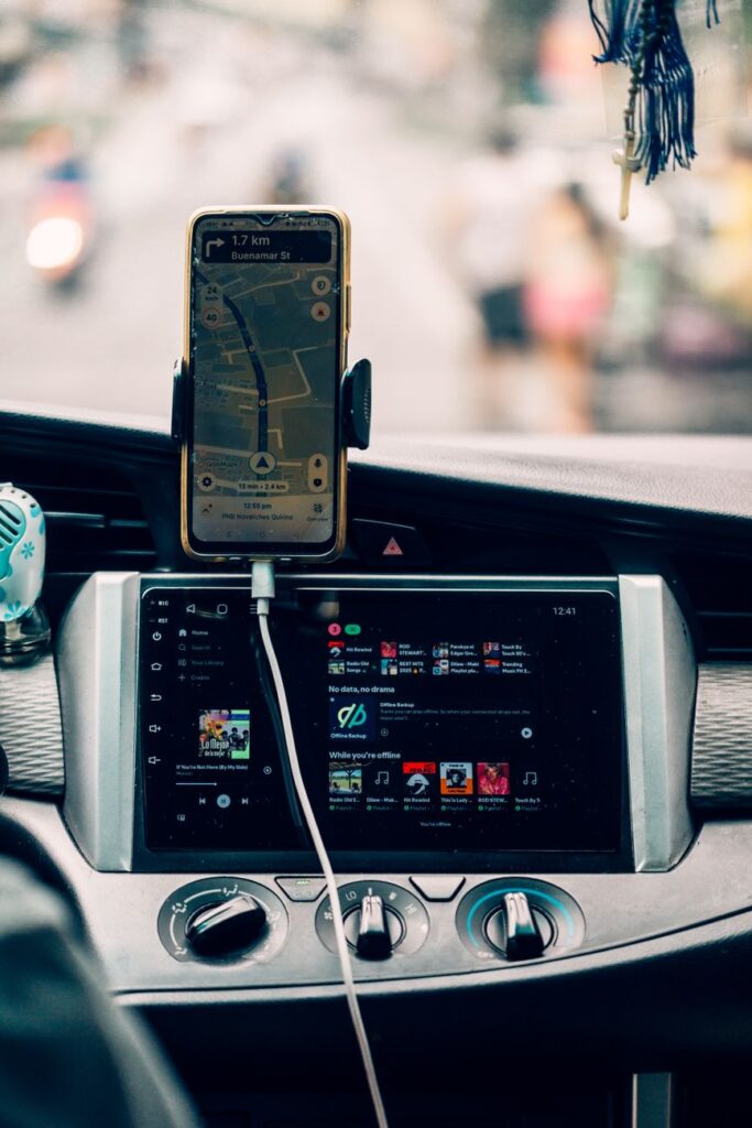 car dashboard with gps and music interface