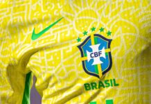 close up of brasil national team jersey in bright colors