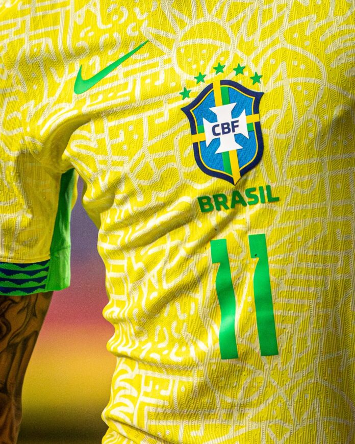 close up of brasil national team jersey in bright colors