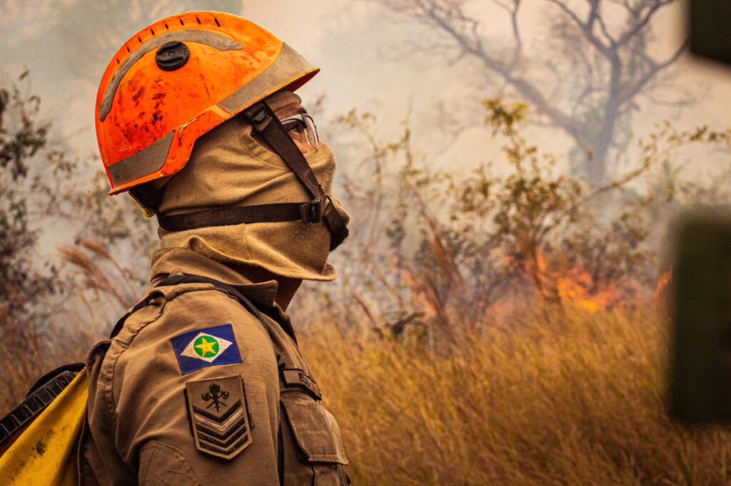 firefighter in action battling wildfire in brazil